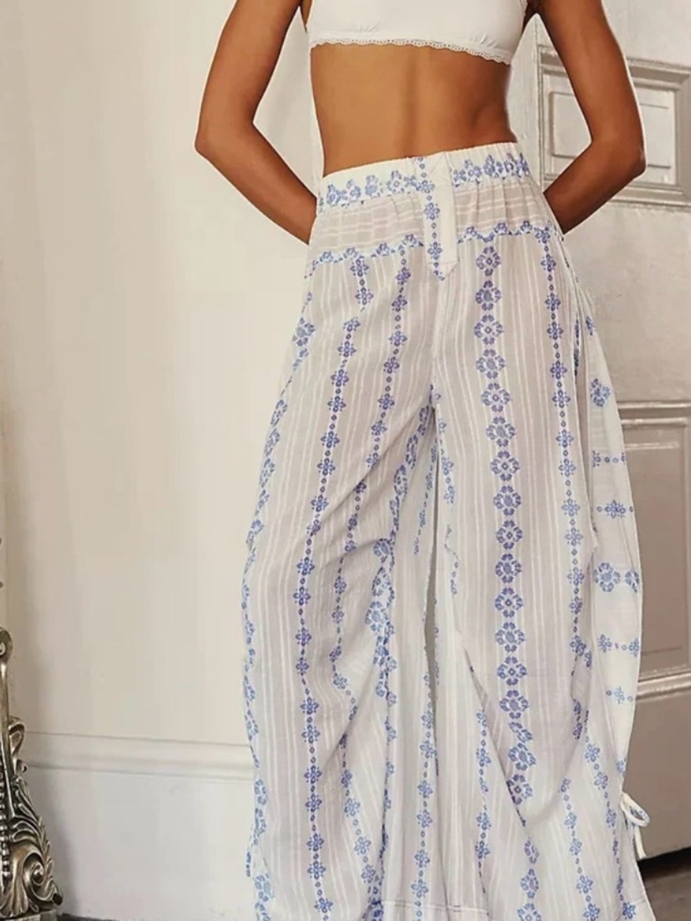 Free People White Wide-Leg Pants with Blue Floral Stripe Print